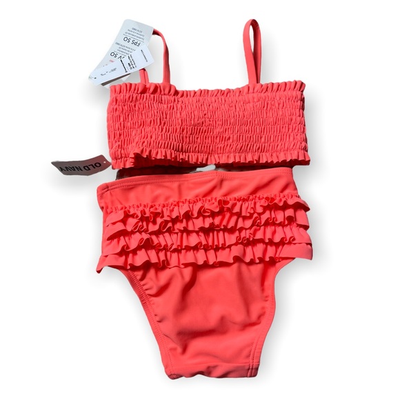 NWT Old Navy Baby Bright Coral Smocked Ruffle Bow Bikini Swim Suit 12-18 Months - Picture 2 of 6